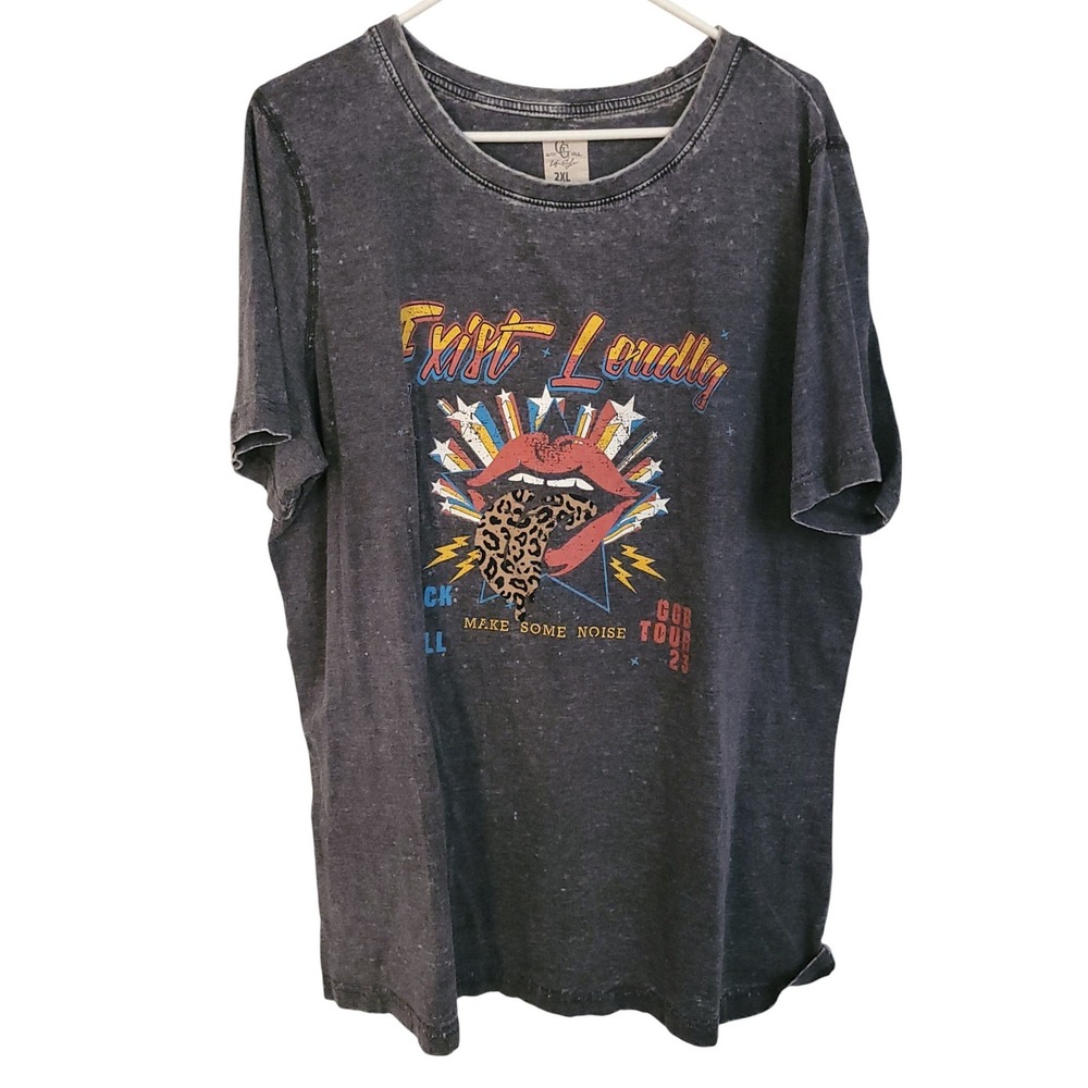 Glitzy Girlz Lifestyle Exist Loudly Graphic Tee Charcoal Mineral Wash 2XL Tour